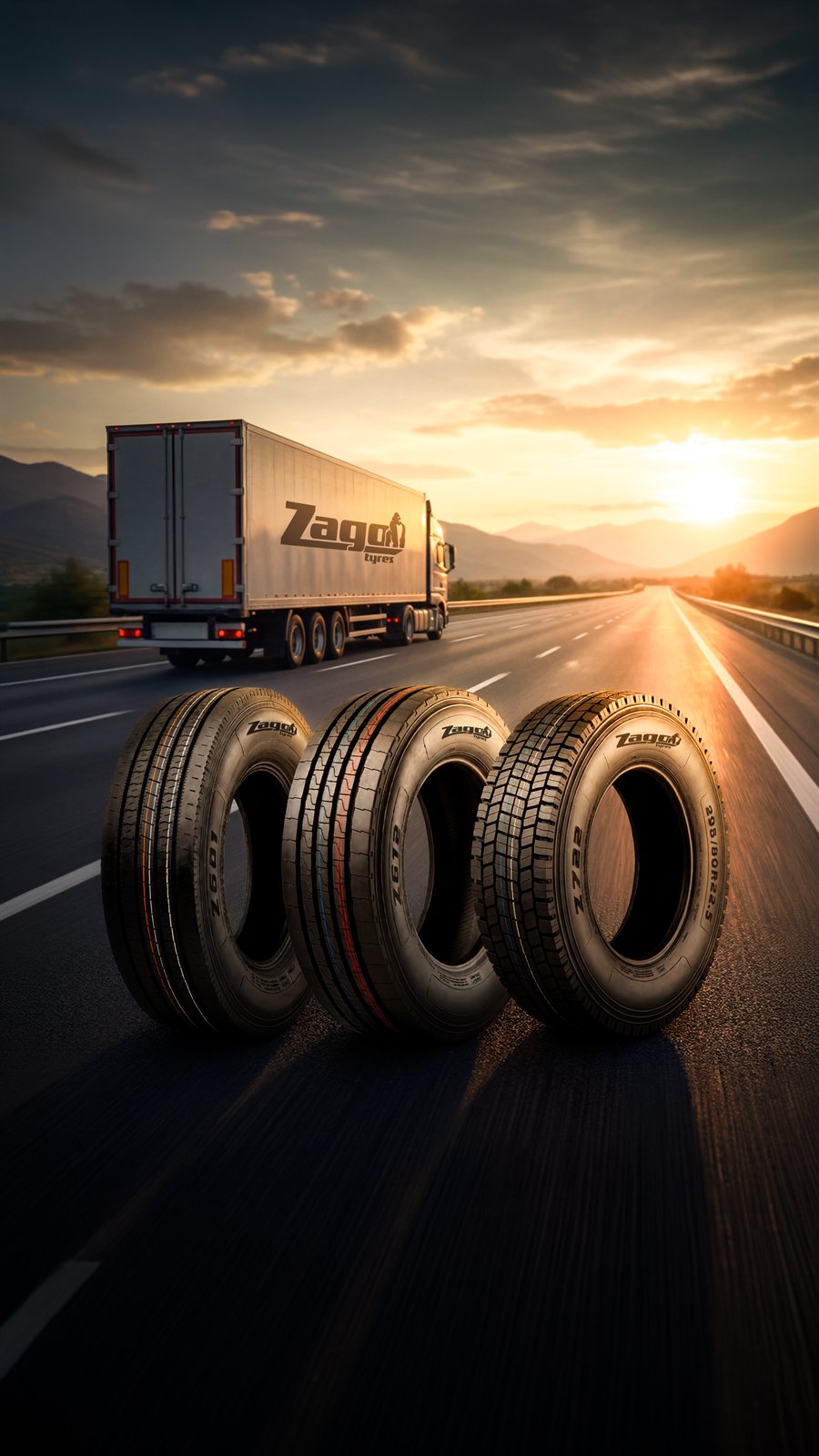 Z601, Z612 e Z722 lado a lado na estrada ao pôr do sol, com caminhão ZAGO TYRES ao fundo